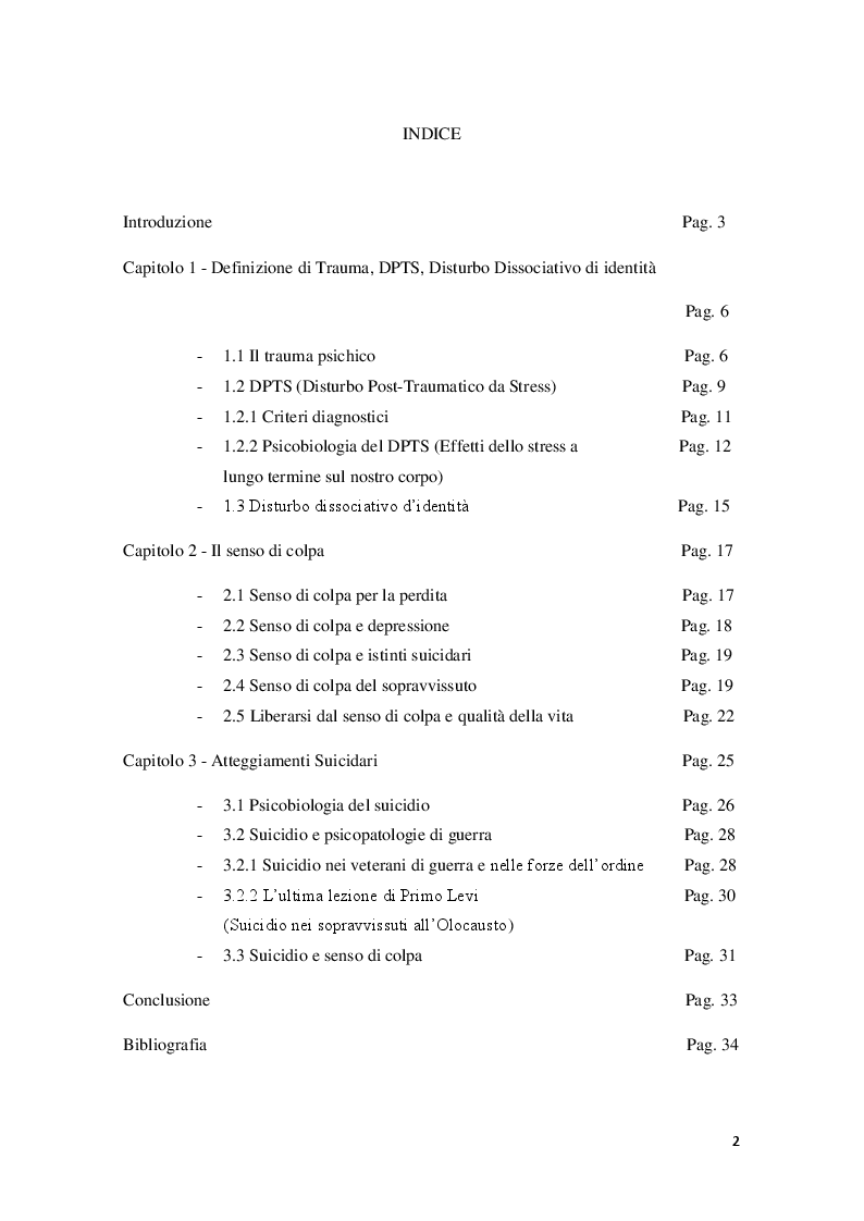 Indice della tesi: Dpts: tra sindrome del sopravvissuto ed atteggiamenti suicidari, Pagina 1