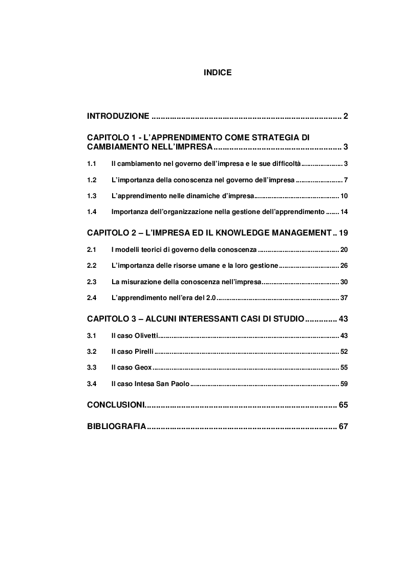 Indice della tesi: Knowledge Management: il valore della conoscenza., Pagina 1