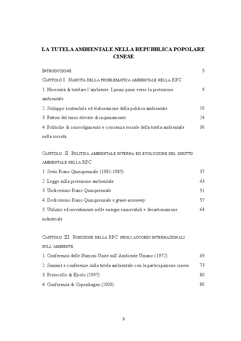 Indice della tesi: La tutela ambientale nella Repubblica Popolare Cinese, Pagina 1