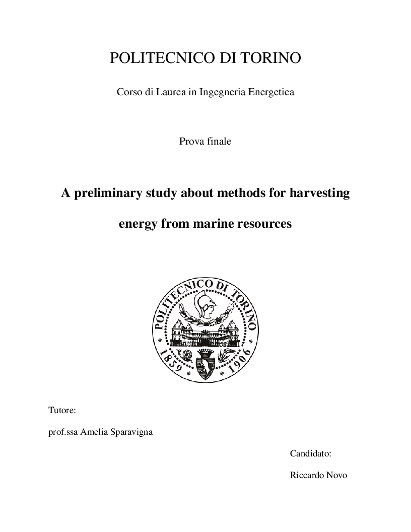 Anteprima della tesi: A preliminary study about methods for harvesting energy from marine resources, Pagina 1