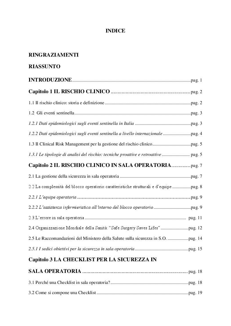 Indice della tesi: Checklist: strumento efficace per la riduzione del rischio intraoperatorio? Revisione di letteratura, Pagina 1
