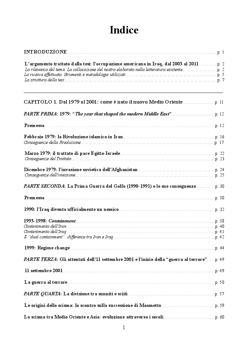 Indice della tesi: L'occupazione americana in Iraq, Pagina 1