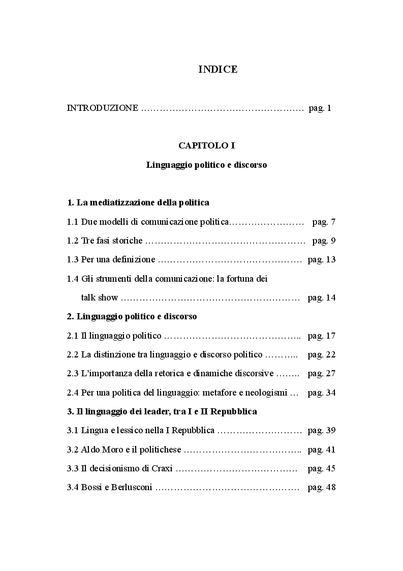 Indice della tesi: Per un ritratto linguistico e comunicativo di Giulio Andreotti, Pagina 1