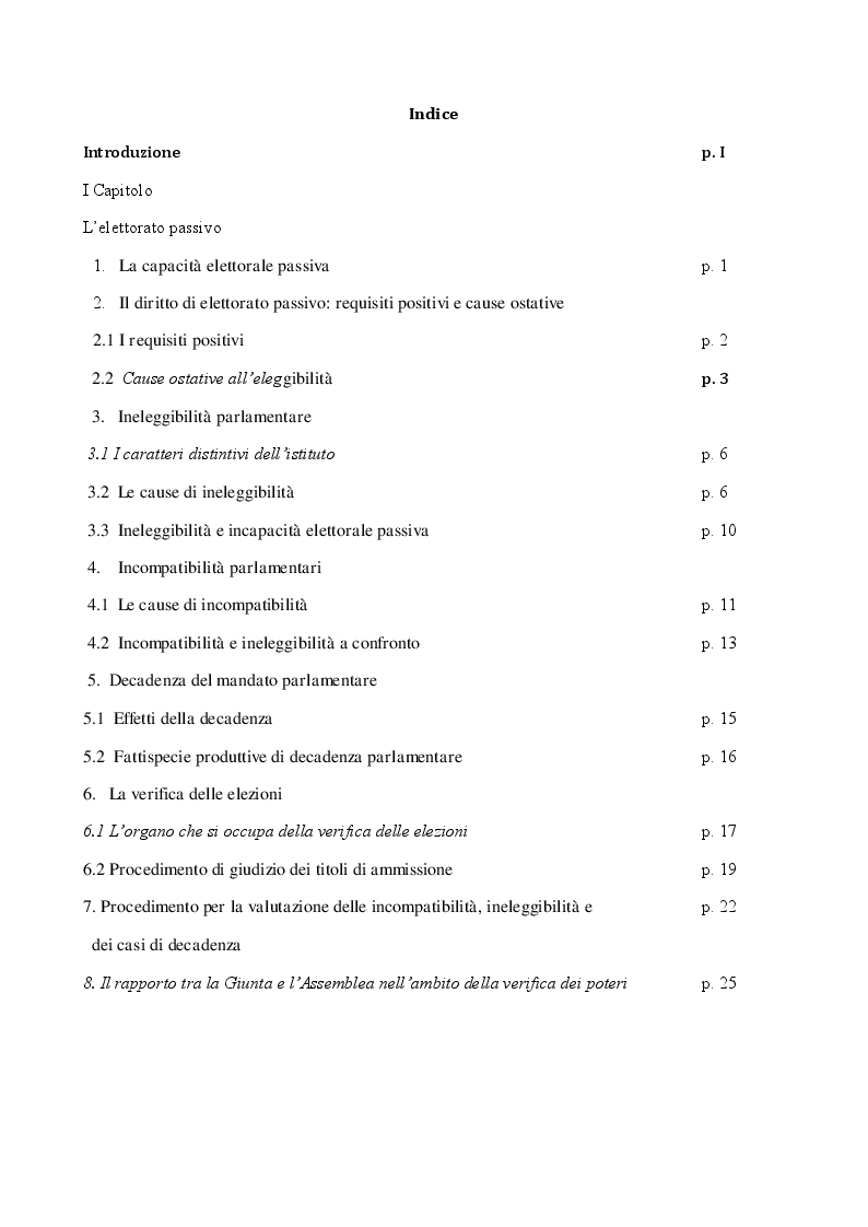 Indice della tesi: L'incandidabilità parlamentare, Pagina 1