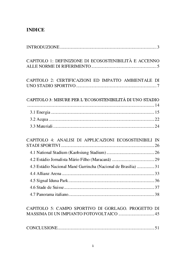 Indice della tesi: Stadi sportivi ecosostenibili, Pagina 1
