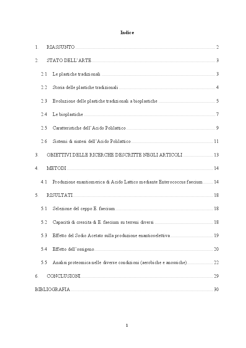 Indice della tesi: Ottimizzazione della produzione enantioselettiva di acido lattico mediante Enterococcus faecium: analisi metabolica e proteomica comparata dei risultati, Pagina 1