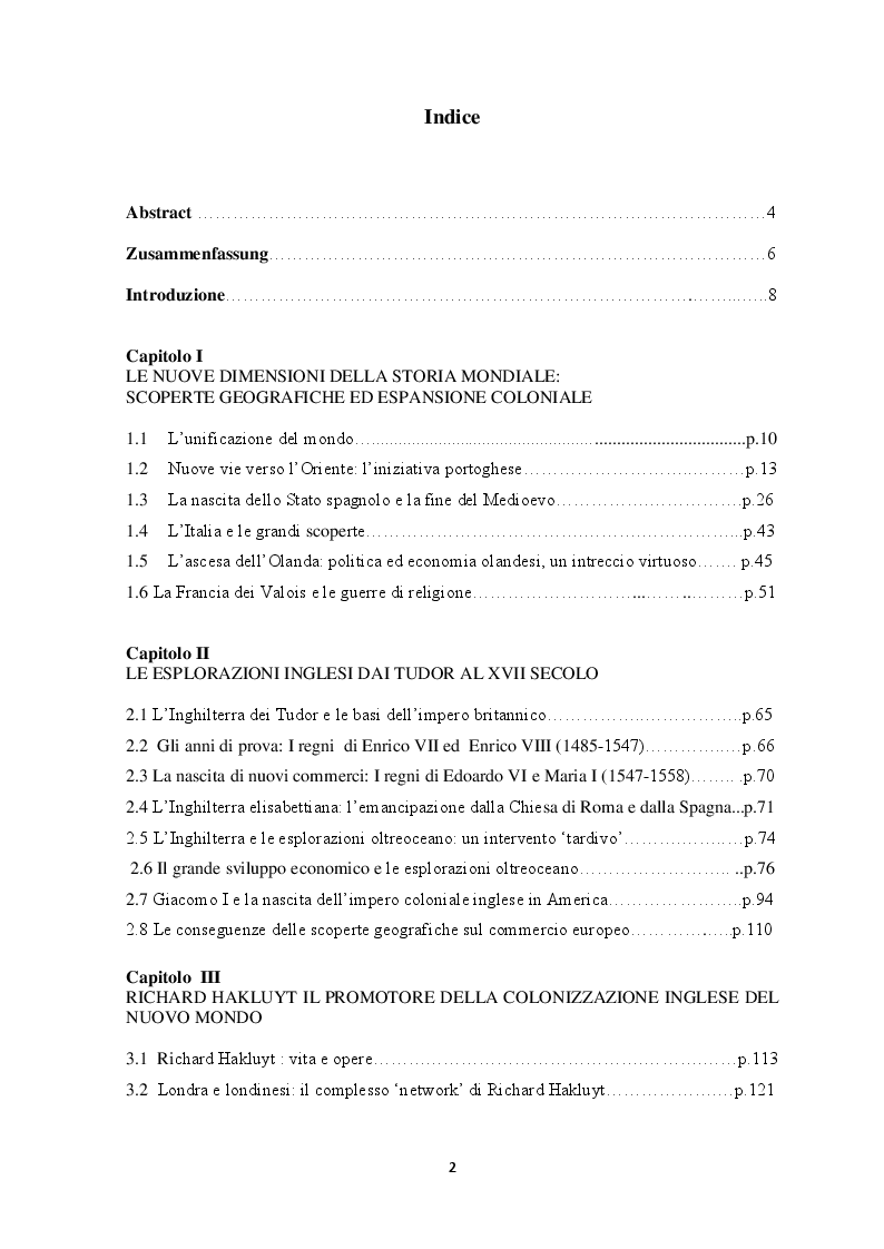 Indice della tesi: Richard Hakluyt e l'espansione coloniale inglese dal XV al XIX secolo, Pagina 1