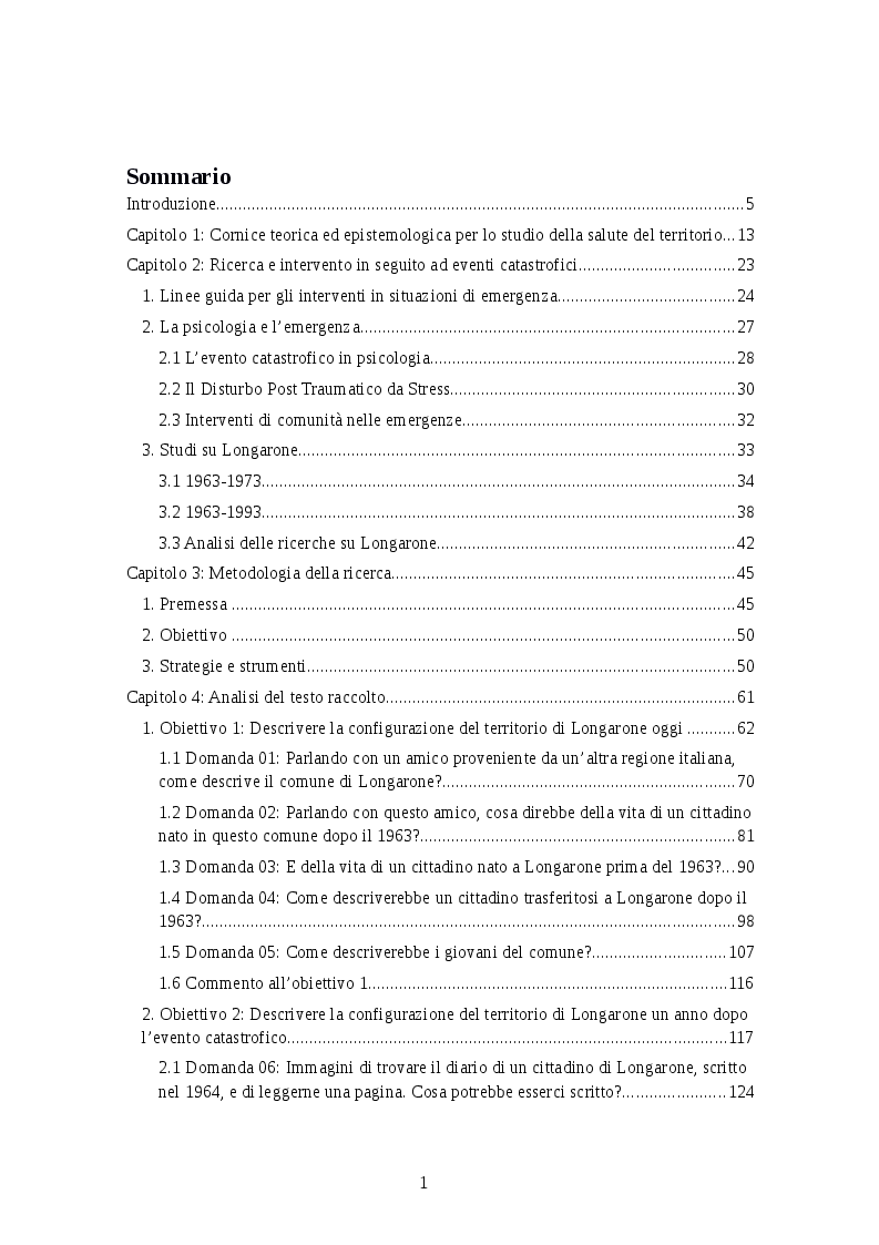 Indice della tesi: Longarone 1963-2013. La salute di un territorio ricostruito in seguito ad un evento catastrofico., Pagina 1