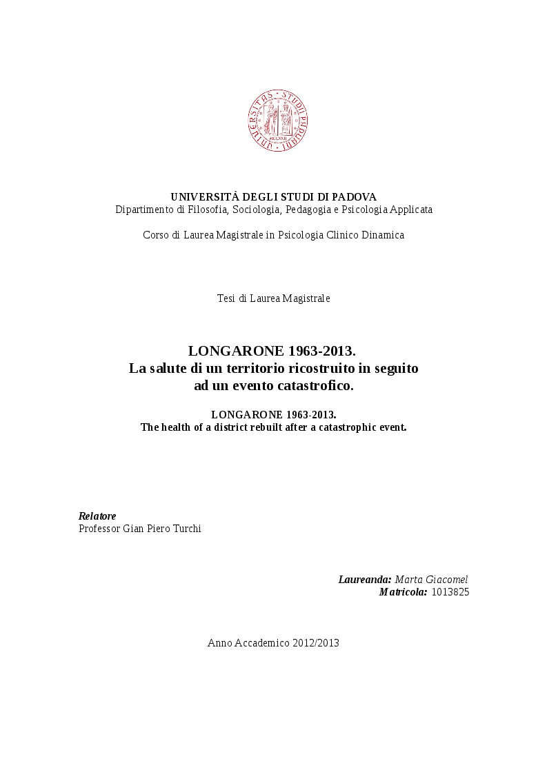 Anteprima della tesi: Longarone 1963-2013. La salute di un territorio ricostruito in seguito ad un evento catastrofico., Pagina 1