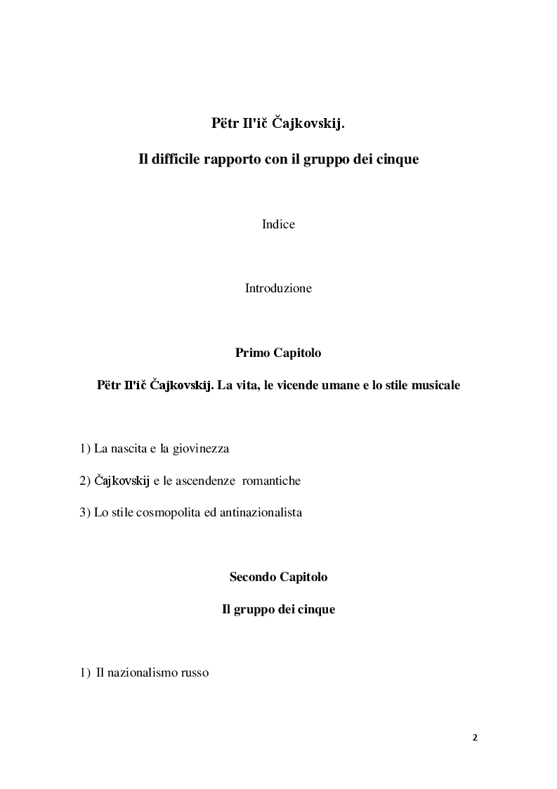 Indice della tesi: Cajkovskij. il difficile rapporto con il gruppo dei cinque, Pagina 1