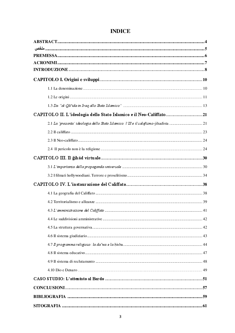 Indice della tesi: All'ombra del fondamentalismo - IS tra rigorismi e mistificazione della realtà, Pagina 1