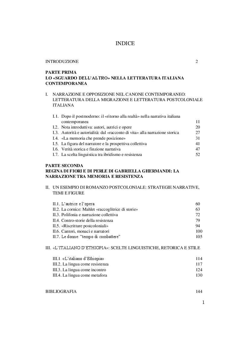 Indice della tesi: La letteratura postcoloniale italiana. ''Regina di fiori e di perle'': impegno civile e ''contro-memorie'' collettive nel romanzo di Gabriella Ghermandi, Pagina 1