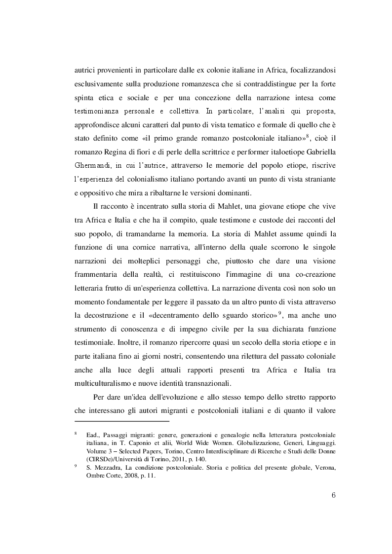 Anteprima della tesi: La letteratura postcoloniale italiana. ''Regina di fiori e di perle'': impegno civile e ''contro-memorie'' collettive nel romanzo di Gabriella Ghermandi, Pagina 6