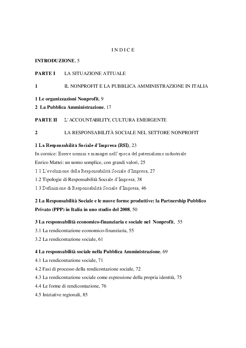 Indice della tesi: Codici di Condotta e Responsabilità Sociale nel settore nonprofit italiano., Pagina 1