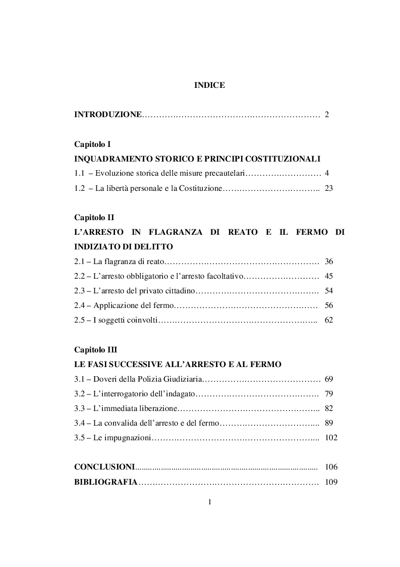 Indice della tesi: L'arresto e il fermo, Pagina 1
