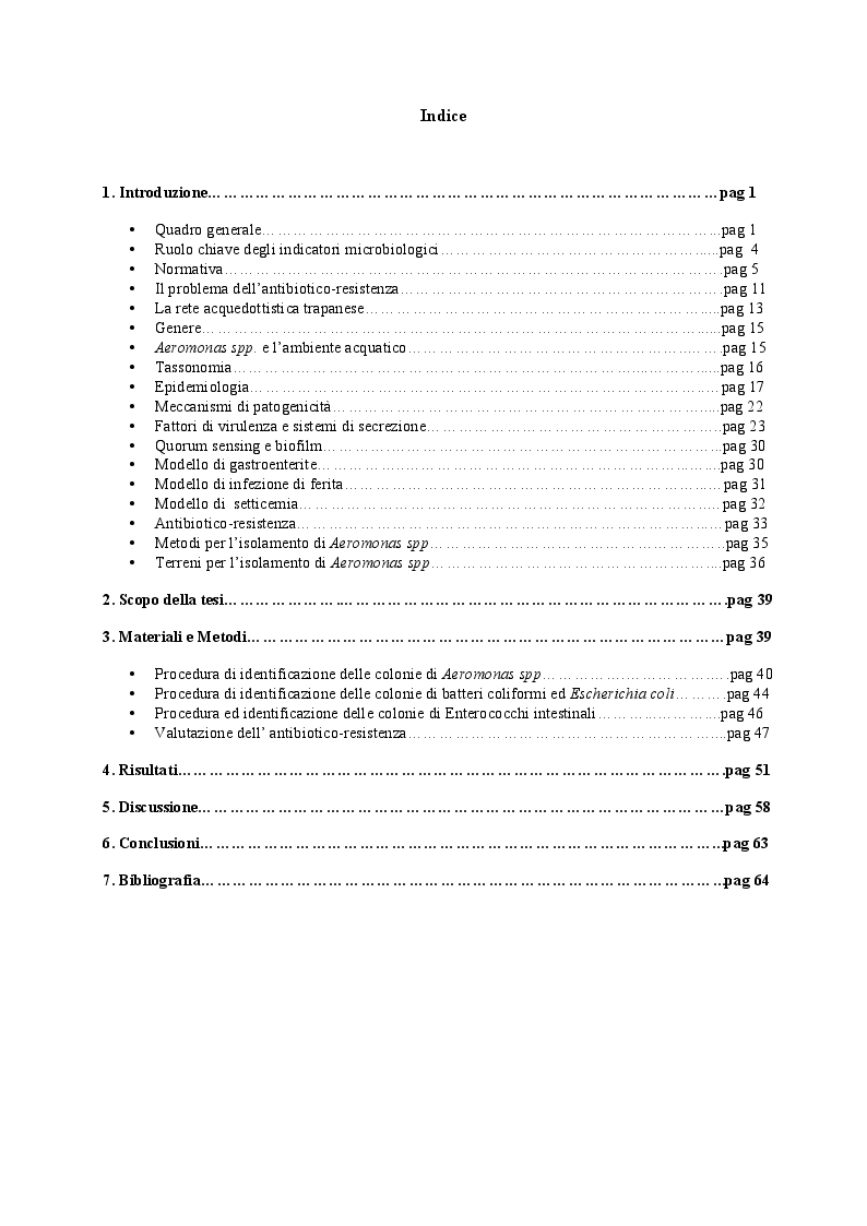 Indice della tesi: Studio sperimentale sulla presenza di Aeromonas spp. nella rete idrica trapanese e valutazione dell’antibiotico-resistenza degli stipiti isolati, Pagina 1