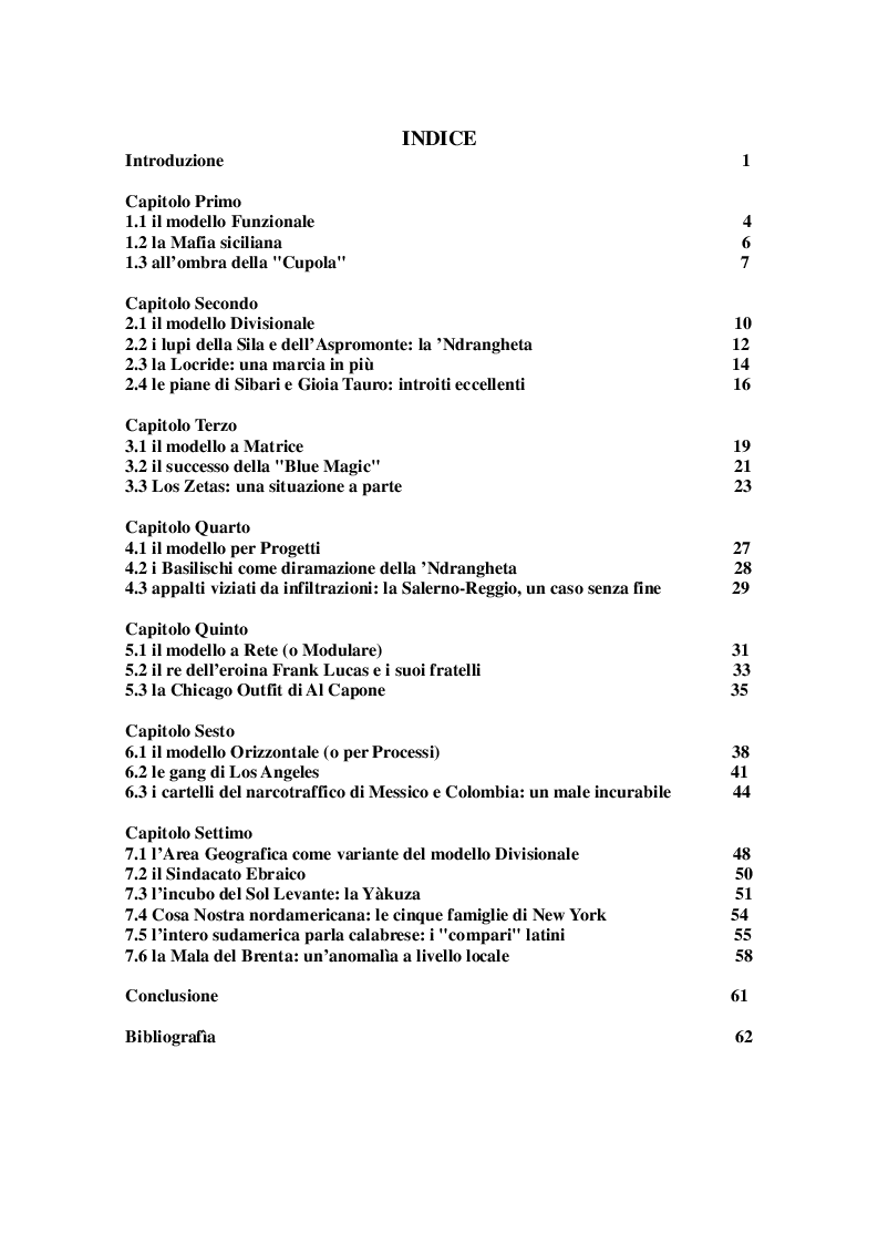 Indice della tesi: I Modelli Organizzativi adottati dalla Criminalità: un’analisi comparativa, Pagina 1
