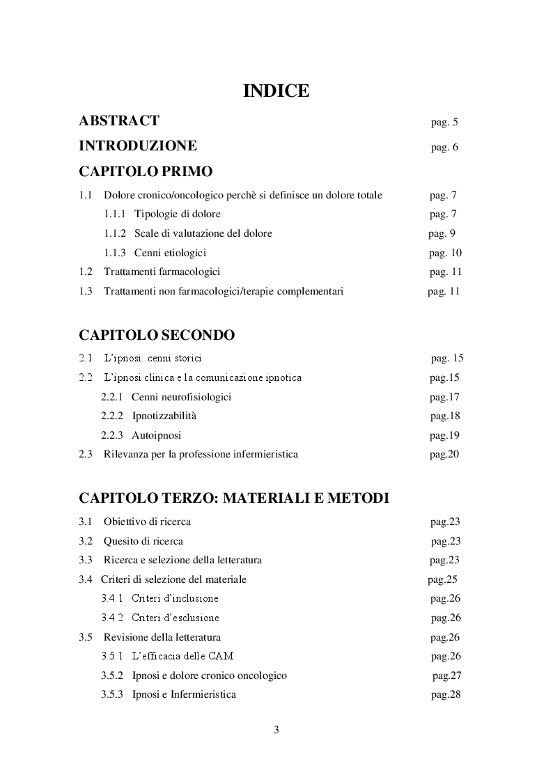 Indice della tesi: La comunicazione ipnotica nel paziente affetto da dolore oncologico. Una revisione della letteratura, Pagina 1