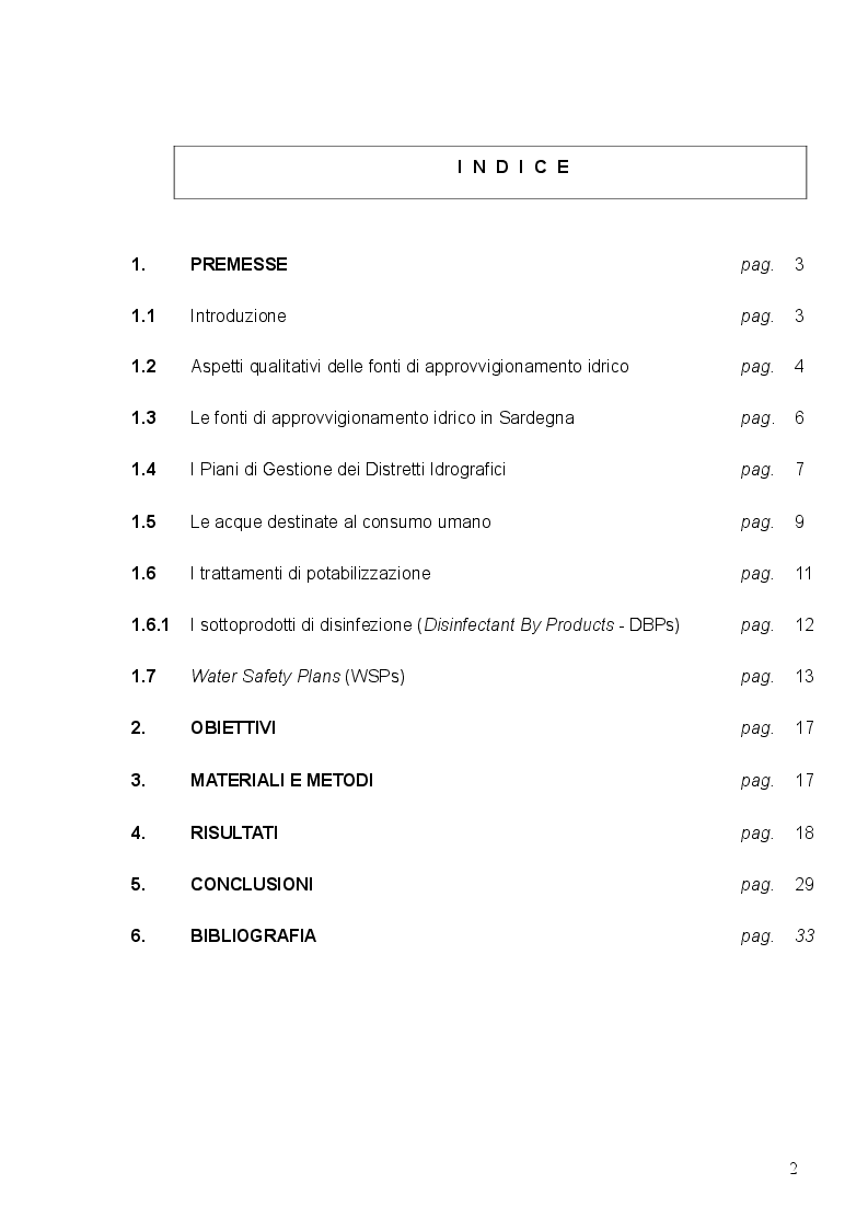 Indice della tesi: La qualità delle acque destinate al consumo umano in Sardegna. Dal piano di gestione del distretto idrografico ai Water Safety Plans, Pagina 1