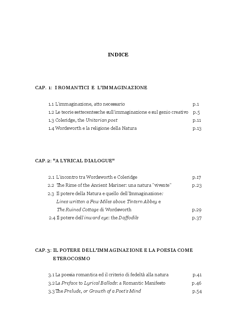 Indice della tesi: Memoria e Immaginazione nella poesia di Wordsworth e Coleridge, Pagina 1