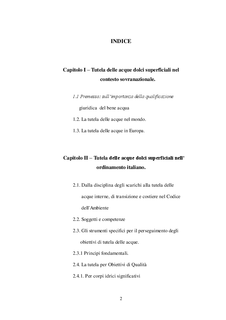 Indice della tesi: La tutela qualitativa delle acque dolci superficiali, Pagina 1