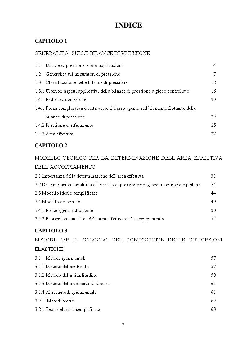Indice della tesi: Caratterizzazione di bilance di pressione mediante l'impiego di metodi numerici e analitici, Pagina 1