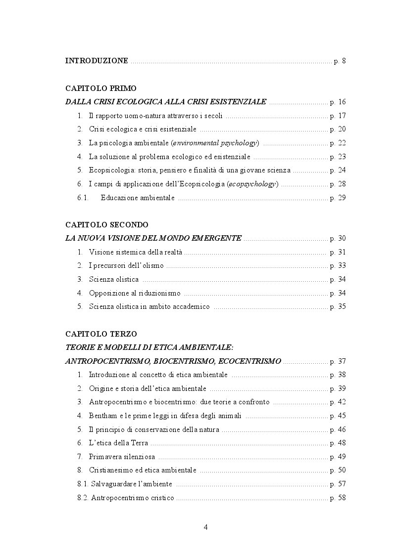 Indice della tesi: L'Ecopsicologia applicata all'Educazione ambientale: un nuovo modello per l'Etica dell'ambiente, Pagina 1