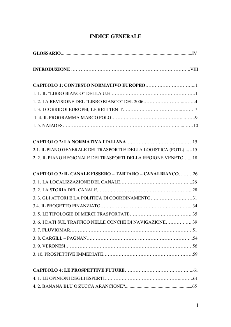 Indice della tesi: Il canale Fissero-Tartaro-Canalbianco: una nuova opportunità per il trasporto idroviario?, Pagina 1