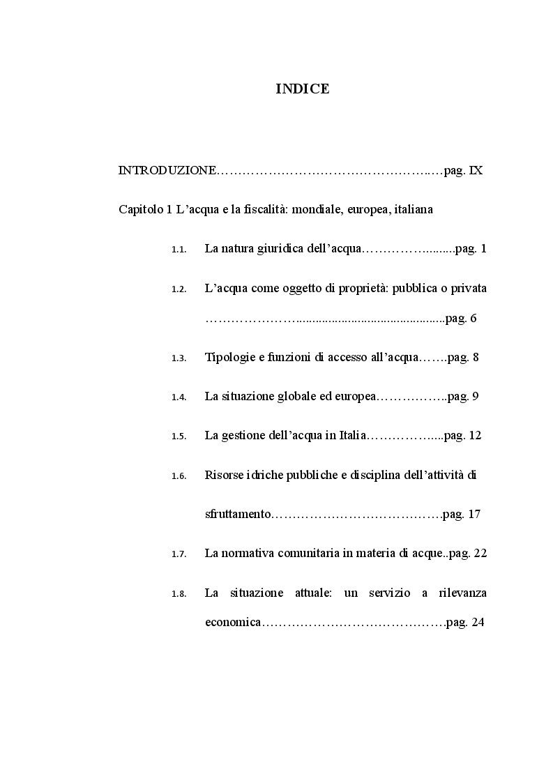 Indice della tesi: La Fiscalità dell'acqua, Pagina 1