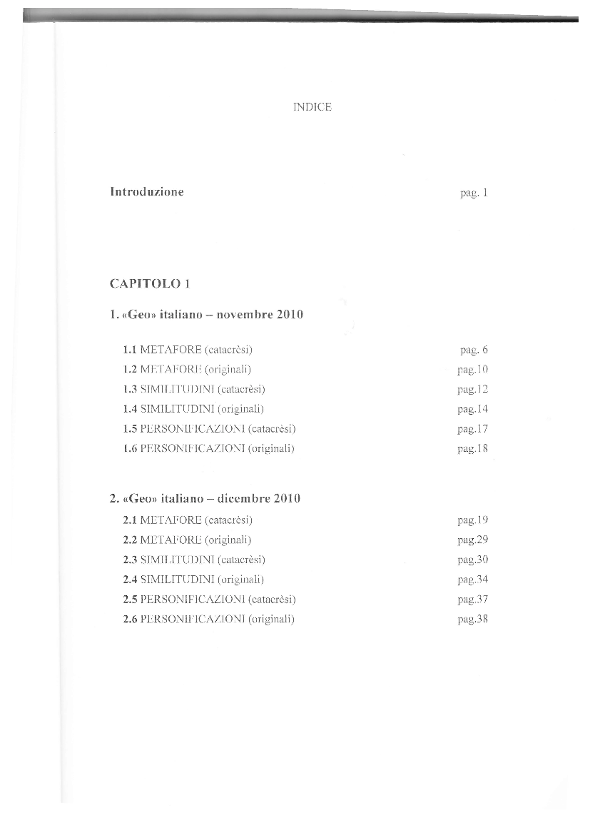 Indice della tesi: Similitudini e metafore in alcuni mensili di viaggio e culturali italiani e francesi, Pagina 1