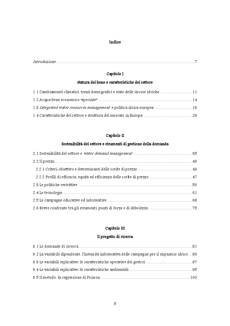 Indice della tesi: Policy per il risparmio idrico: variabili ambientali ed operative che influenzano le scelte dei gestori, Pagina 1
