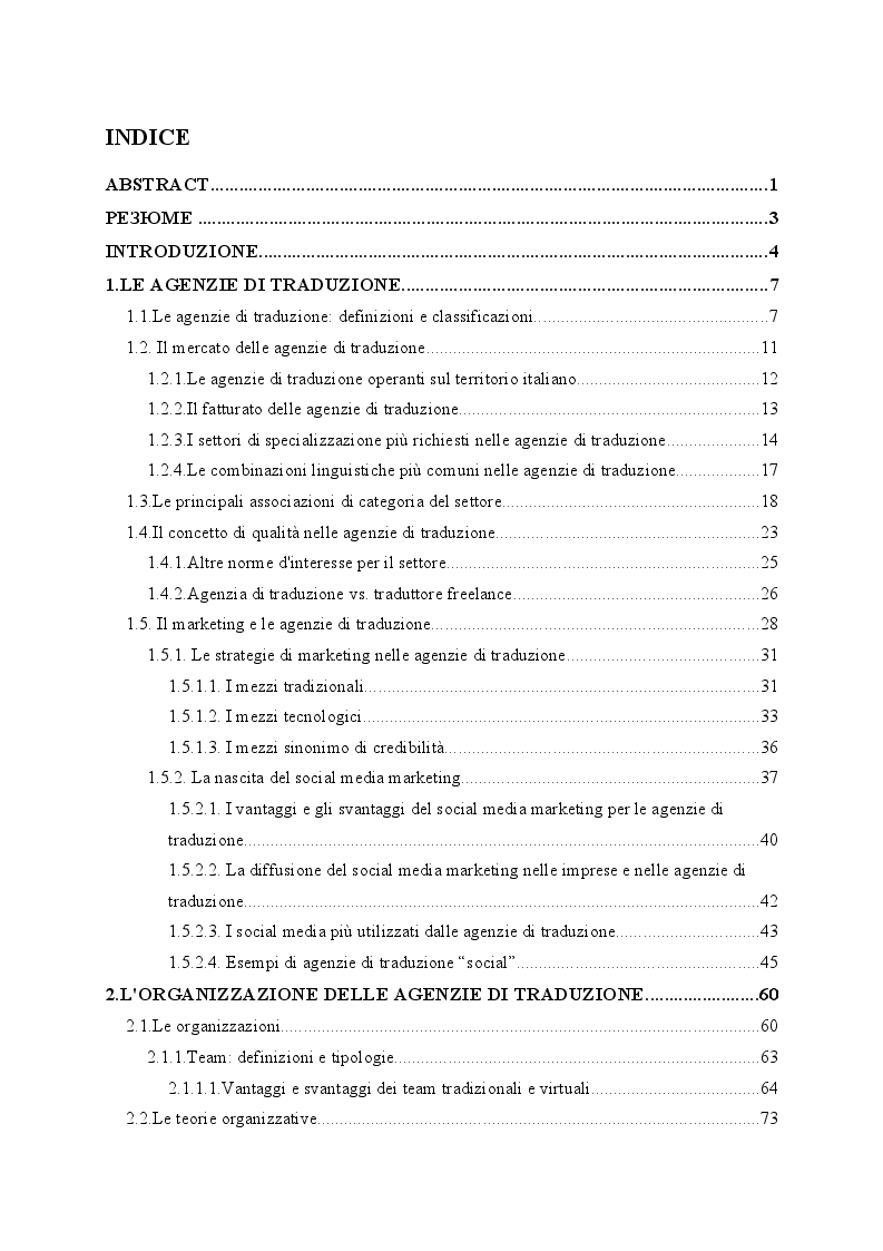 Indice della tesi: Una panoramica sulle agenzie di traduzione: caratteristiche, tipologie e flussi di lavoro, Pagina 1