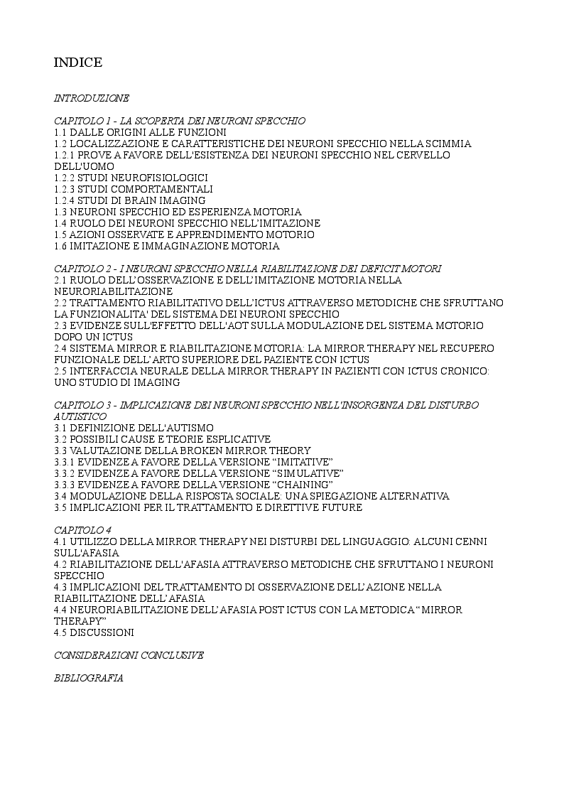 Indice della tesi: Riabilitazione e Neuroni Specchio: applicazione nel recupero funzionale dei deficit motori e cognitivi, Pagina 1