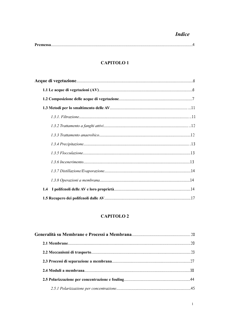 Indice della tesi: Tecnologie a Membrana per l'Ottenimento di Frazioni Arricchite di Fitoterapici, Pagina 1