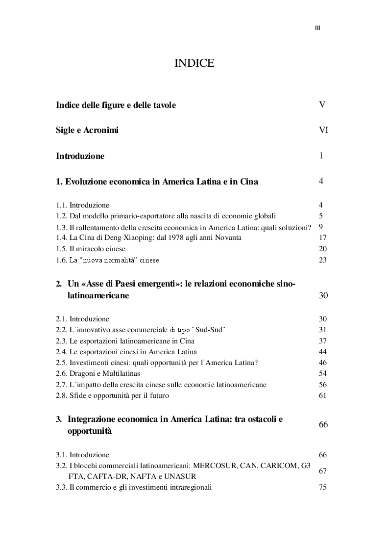 Indice della tesi: Asse Cina-America Latina: Relazioni economico-commerciali e integrazione latinoamericana, Pagina 1