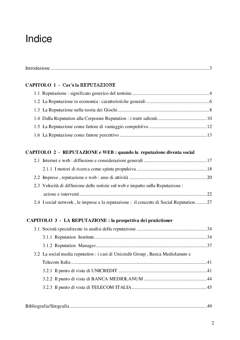 Indice della tesi: Social Media Reputation, Pagina 1