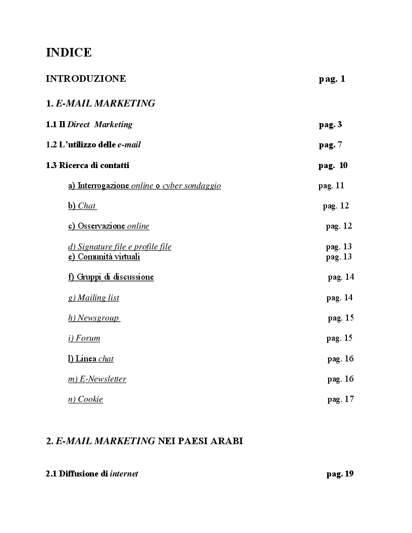 Indice della tesi: Email marketing nei paesi arabi, Pagina 1