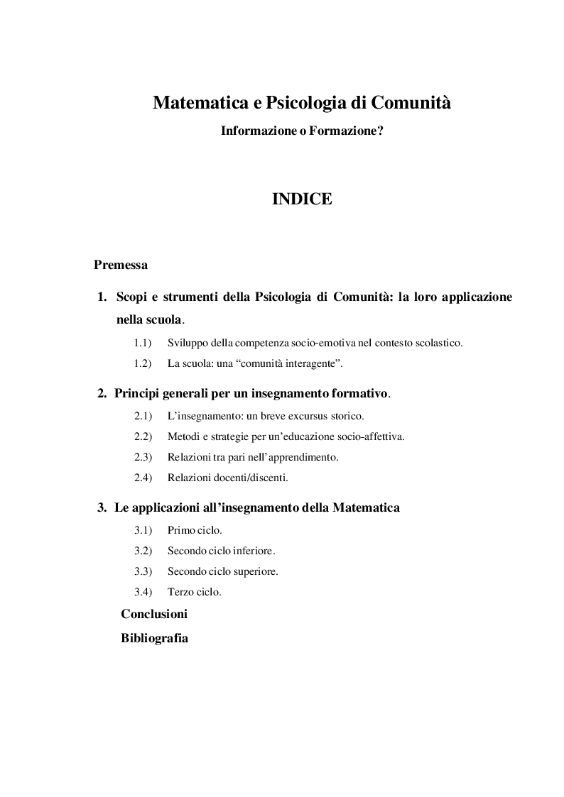 Indice della tesi: Matematica e Psicologia di Comunità. Informazione o formazione?, Pagina 1