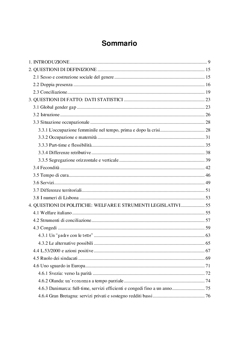 Indice della tesi: Questione di genere: lavoro, maternità e politiche di conciliazione, Pagina 1