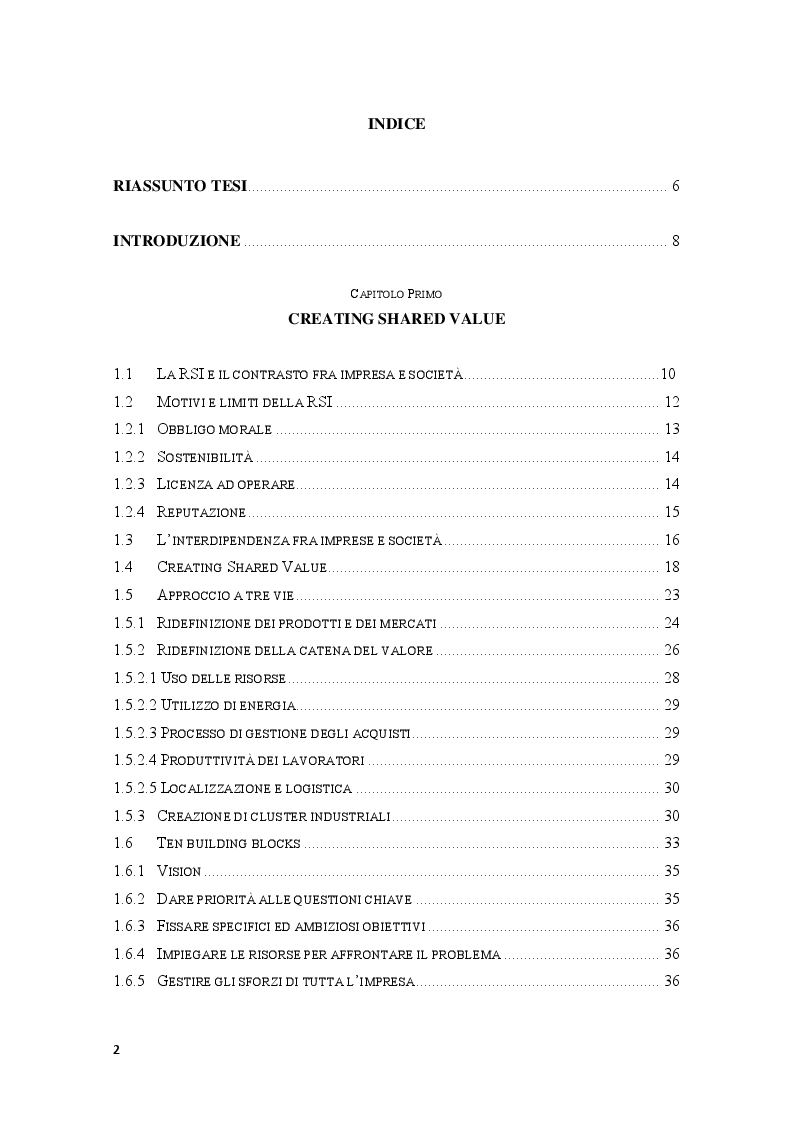 Indice della tesi: Creating Shared Value: il caso dell'eco-progettazione dei prodotti in Oxylane, Pagina 1