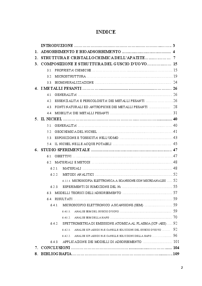 Indice della tesi: Rimozione del Ni da soluzioni: efficienza di idrossiapatite sintetizzata da gusci d'uovo, Pagina 1