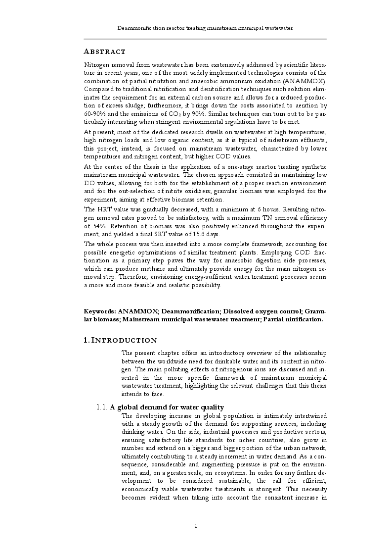 Estratto dalla tesi: Mainstream deammonification at low DO values and employing granular biomass