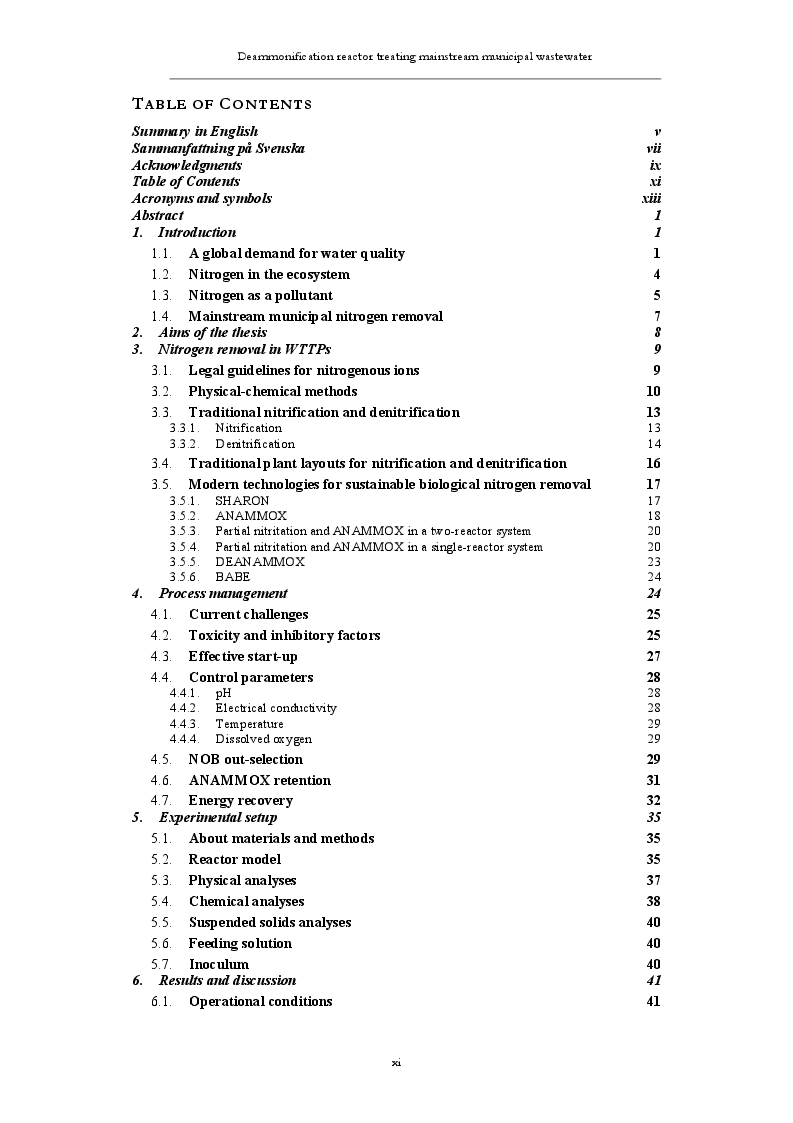 Indice della tesi: Mainstream deammonification at low DO values and employing granular biomass, Pagina 1
