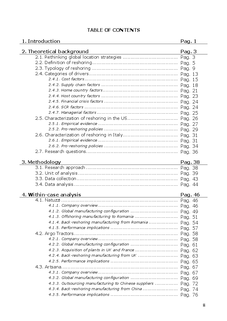 Indice della tesi: Drivers and Effects of Manufacturing Reshoring: A Multiple Case Study Research on Italian Companies, Pagina 1