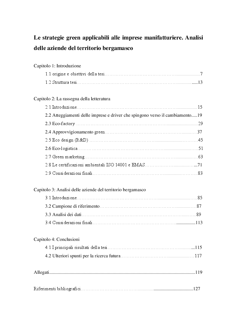Indice della tesi: Le strategie green applicabili alle imprese manifatturiere. Analisi delle aziende del territorio bergamasco., Pagina 1