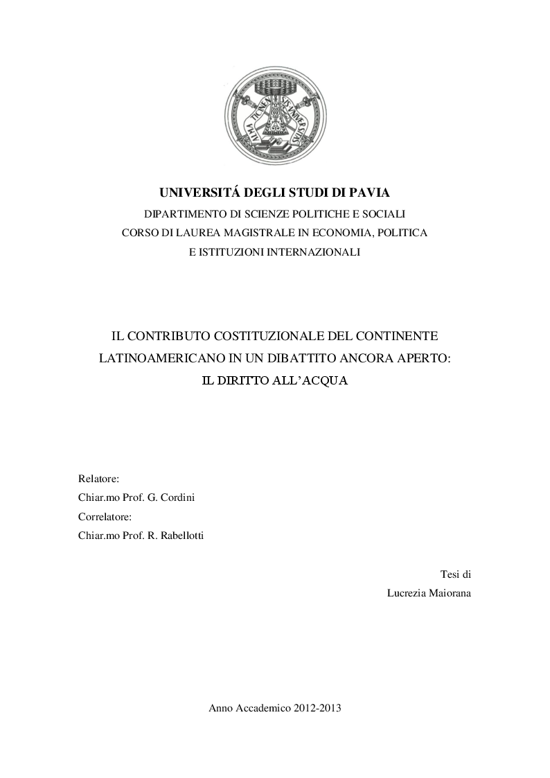 Anteprima della tesi: Il contributo costituzionale del continente latinoamericano in un dibattito ancora aperto: il diritto all'acqua, Pagina 1