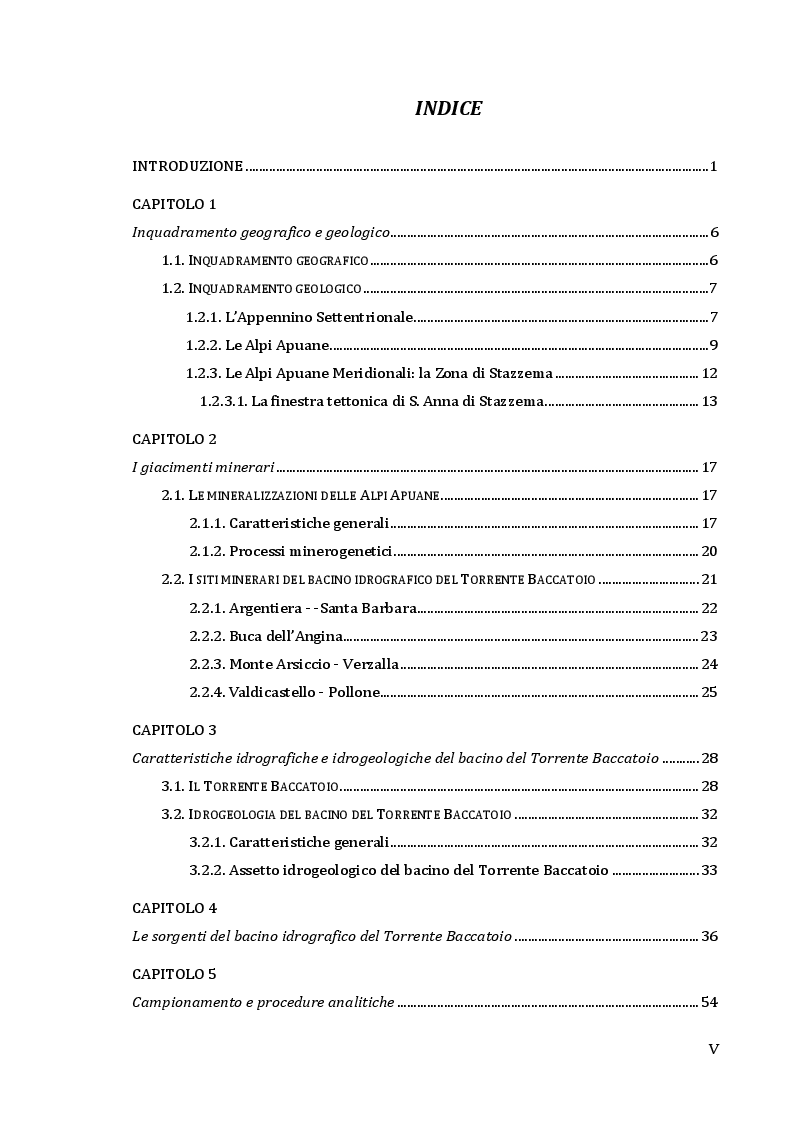 Indice della tesi: Caratterizzazione idrogeochimica dei corpi idrici in acquiferi carbonatici nel bacino del Torrente Baccatoio (Alta Versilia, Lucca) in relazione alle possibili idrostrutture. Implicazioni per le risorse idropotabili., Pagina 1