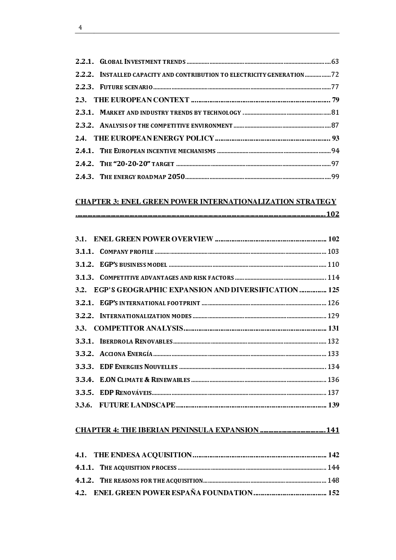 Indice della tesi: The internationalization strategies in the european renewables market: Enel Green Power Iberian expansion, Pagina 2