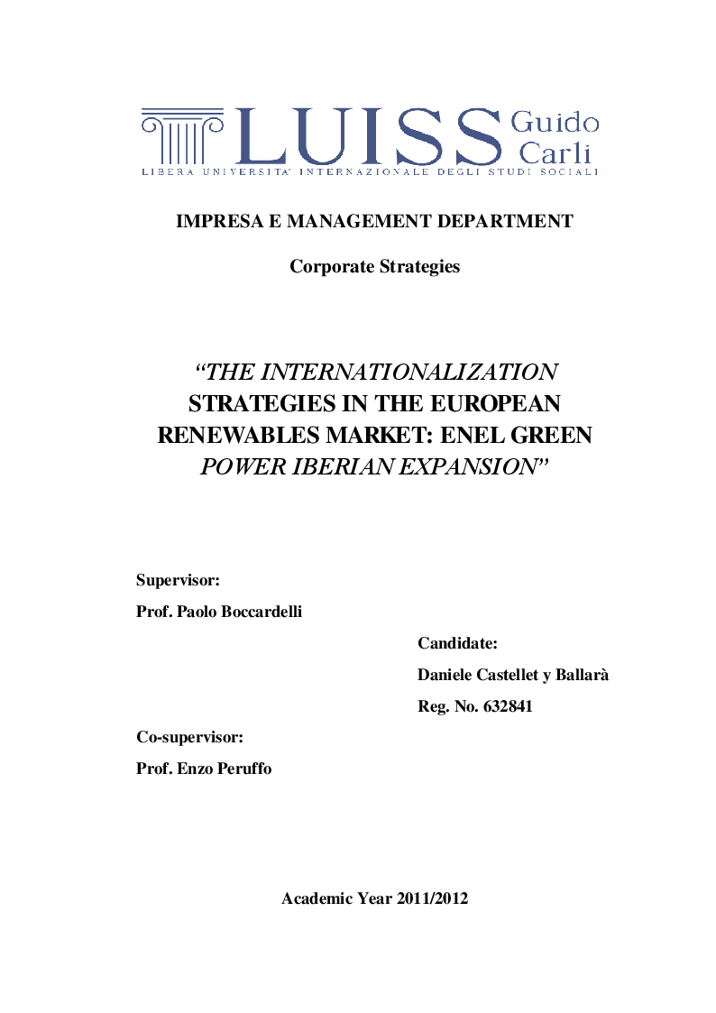 Anteprima della tesi: The internationalization strategies in the european renewables market: Enel Green Power Iberian expansion, Pagina 1