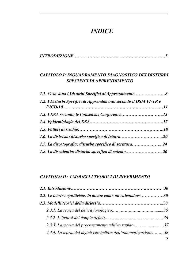 Indice della tesi: I disturbi specifici dell'apprendimento, Pagina 1